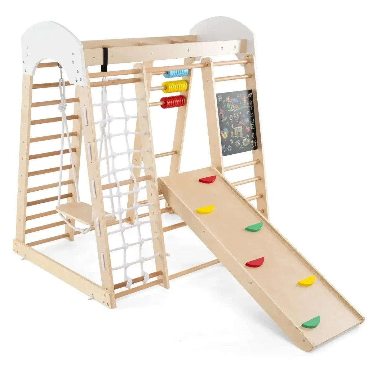 8in1 Medinė Montessori Žaidimų Aikštelė Su Čiuožykla Ir Sūpynėmis