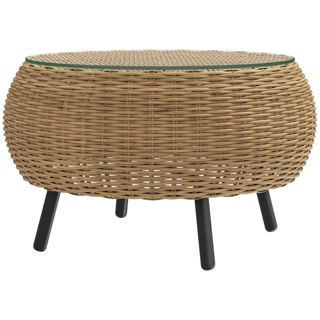 Apvalus kavos staliukas laukui iš poliratano su stiklo stalviršiu Ø75 x 42 cm, ruda