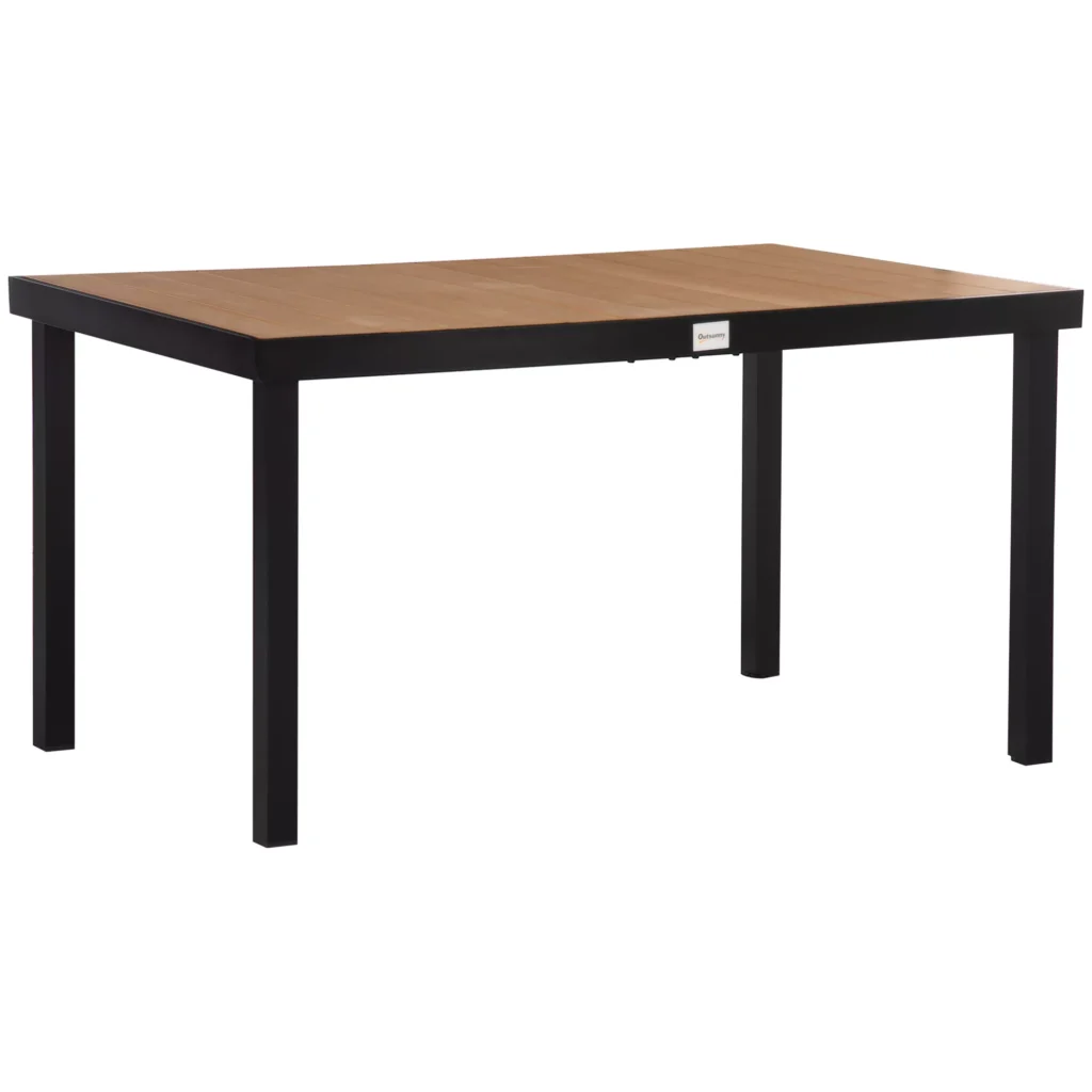 "Outsunny" sodo stalas 6 asmenų valgomojo stalas lengvai prižiūrimas aliuminio stalas sodo baldai plastikas gamta+juoda 140x90x74cm