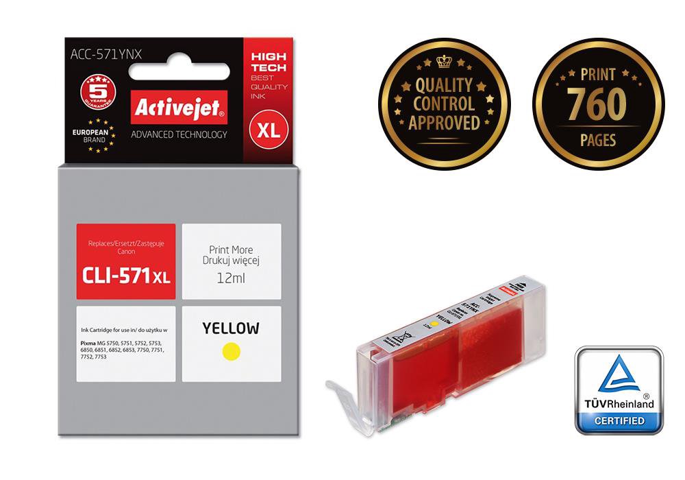 Toneris ACTIVEJET ACC-571YNX ink for Canon CLI-571Y XL,12 ml/yellow