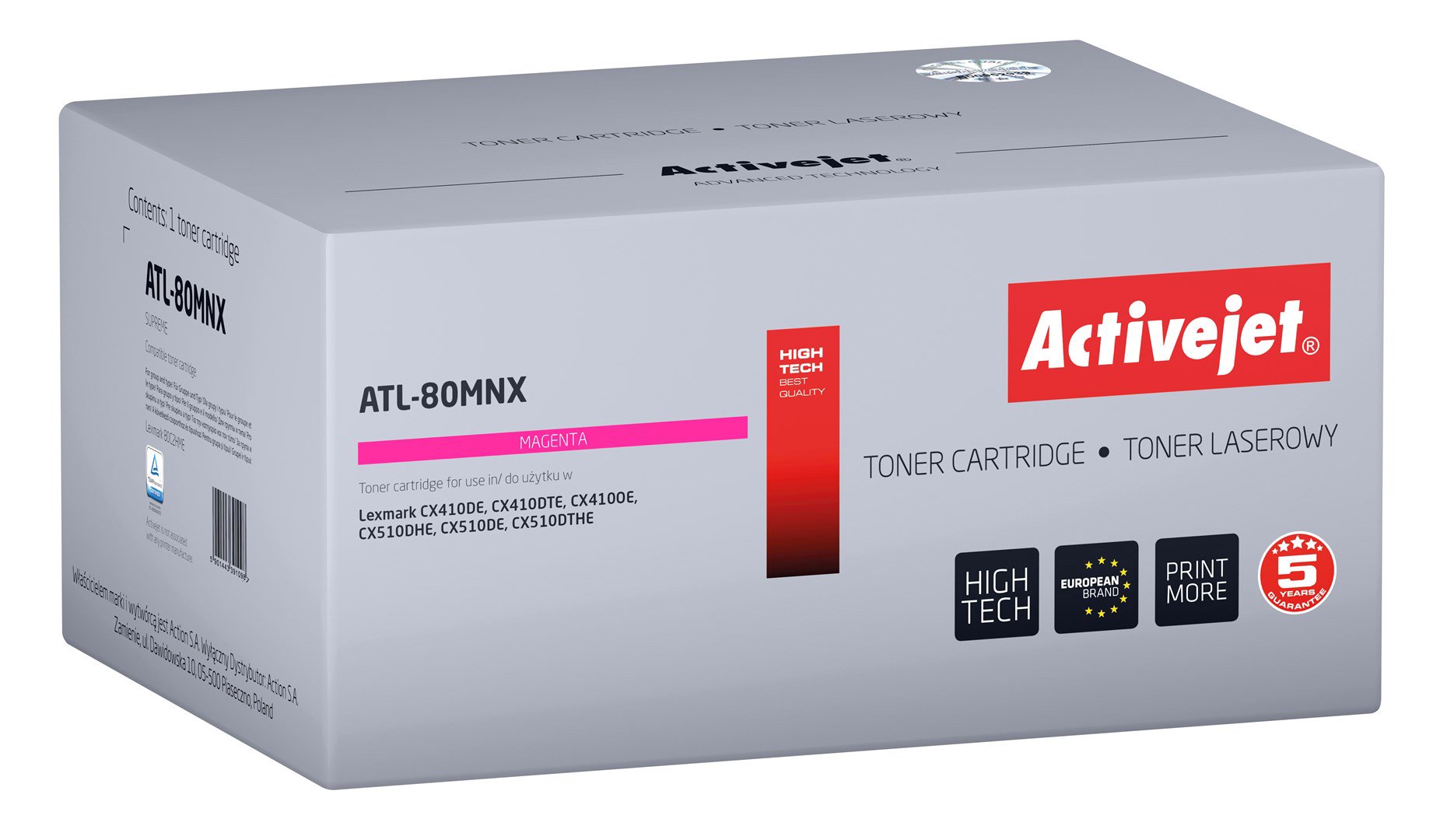 Activejet toneris ATL-80MNX (pakaitinis Lexmark 80C2HME, Supreme; 3000 puslapių; purpurinės spalvos)