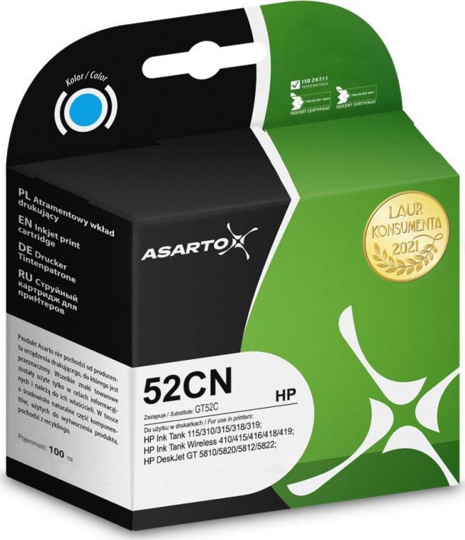 Ink Asarto Ink Asarto to HP 52CN | M0H54AE | 100 ml | cyan