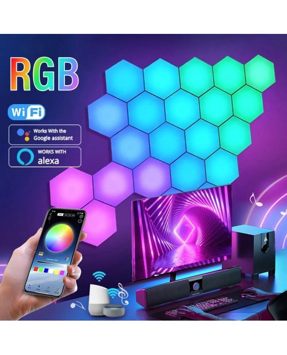 RGB intelektuali šešiakampė sieninė lempa, keičianti spalvas Aplinkos nakties šviesa DYI formos muzikos ritmo APP valdymas