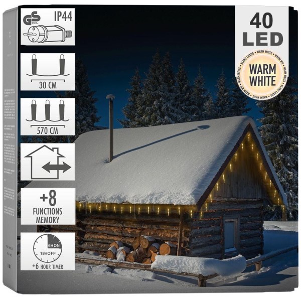 Kalėdinė girlianda VARVEKLIAI 40 LED, 570 cm, 8 funkcijos, balta
