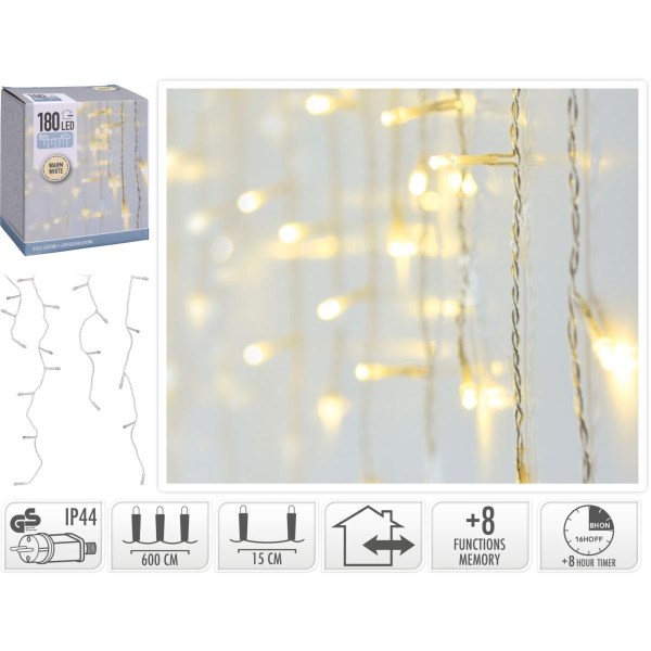 Kalėdinė girlianda - VARVEKLIAI 180 LED, 600 cm, balta, 8 funkcijos