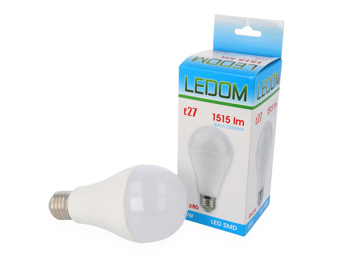 Lemputė LED E27 230V 15W A65 1515lm neutraliai balta, LEDOM