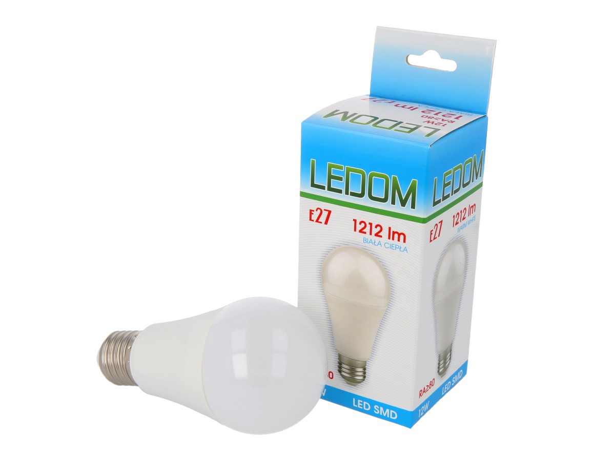 Lemputė LED E27 230V 12W A60 1212lm šiltai balta, LEDOM