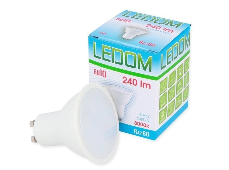 Lemputė LED GU10 230V 3W 240lm šiltai balta, LEDOM