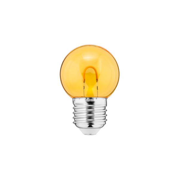 Lemputė LED E27, 230V, 1W, G45, 20lm, geltona, FILAMENT U, PC skaidri