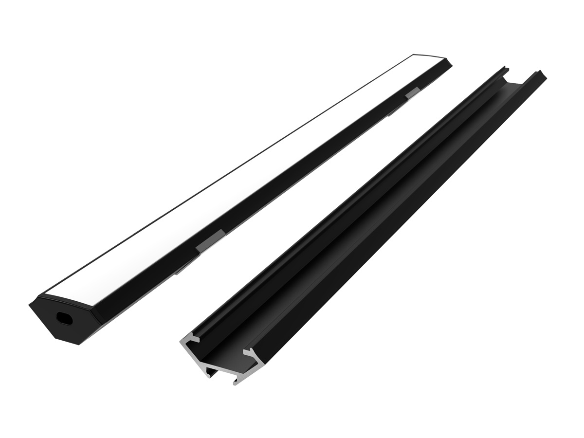LED profilio komplektas, 2m, kampinis, juodas, su baltu dangteliu, laikikliais ir aklėmis