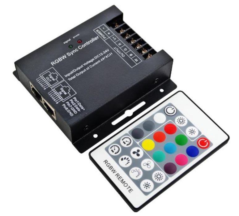 LED RGB + balta juostų valdiklis su distanciniu RF pulteliu 12-24Vdc 4x6A sinchronizuotas