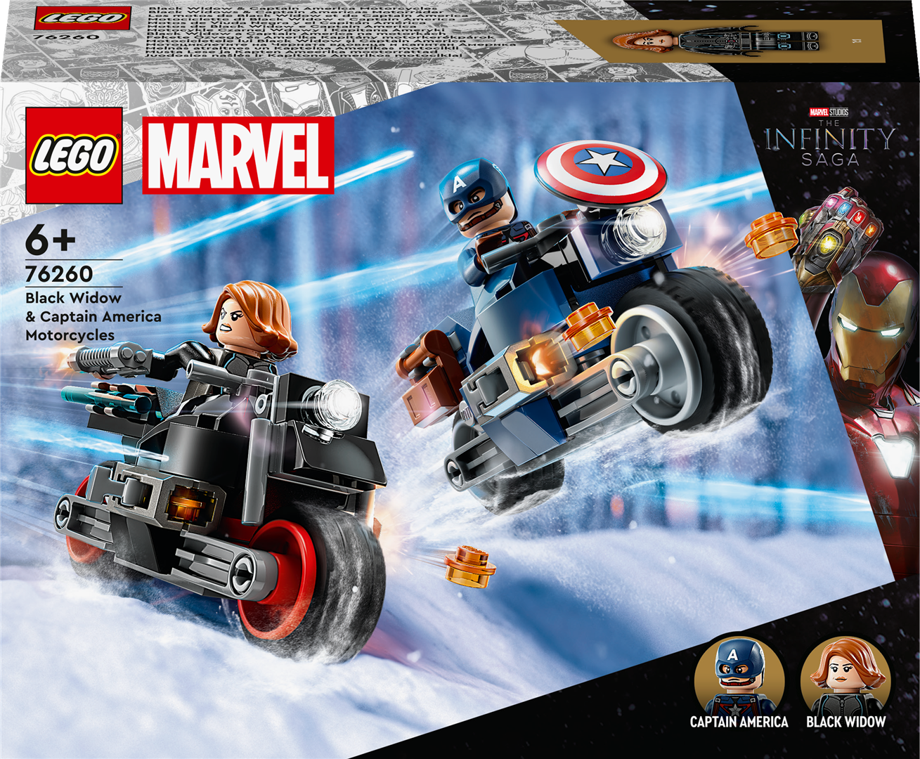 Konstruktorius LEGO Marvel Super Heroes Juodosios našlės ir Kapitono Amerikos motociklai 76260