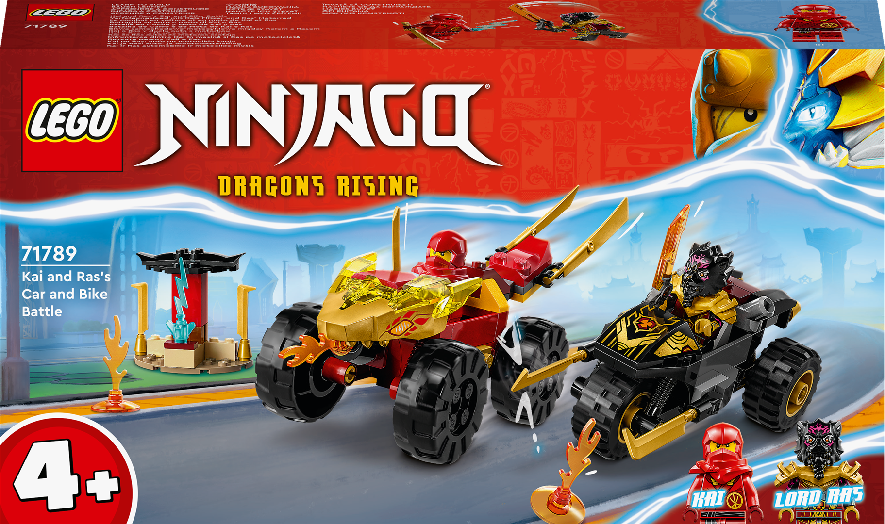 Konstruktorius LEGO Ninjago Kai ir Ras automobilio ir motociklo mūšis 71789