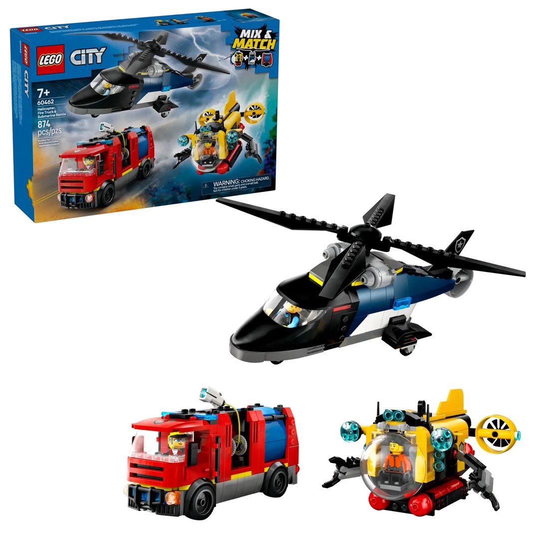 LEGO CITY 60462 Sraigtasparnis, gaisrinis automobilis ir povandeninis laivas Remiksas