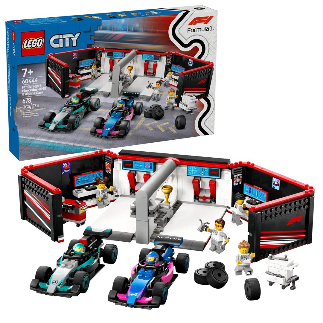 LEGO CITY 60444 F1 garažas ir Mercedes-AMG bei Alpine automobiliai