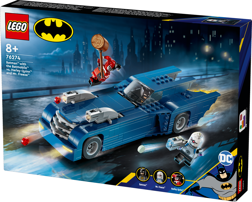 Konstruktorius LEGO Super Heroes Betmenas su automobiliu prieš Harlę Kvin ir Poną Šaltį 76274