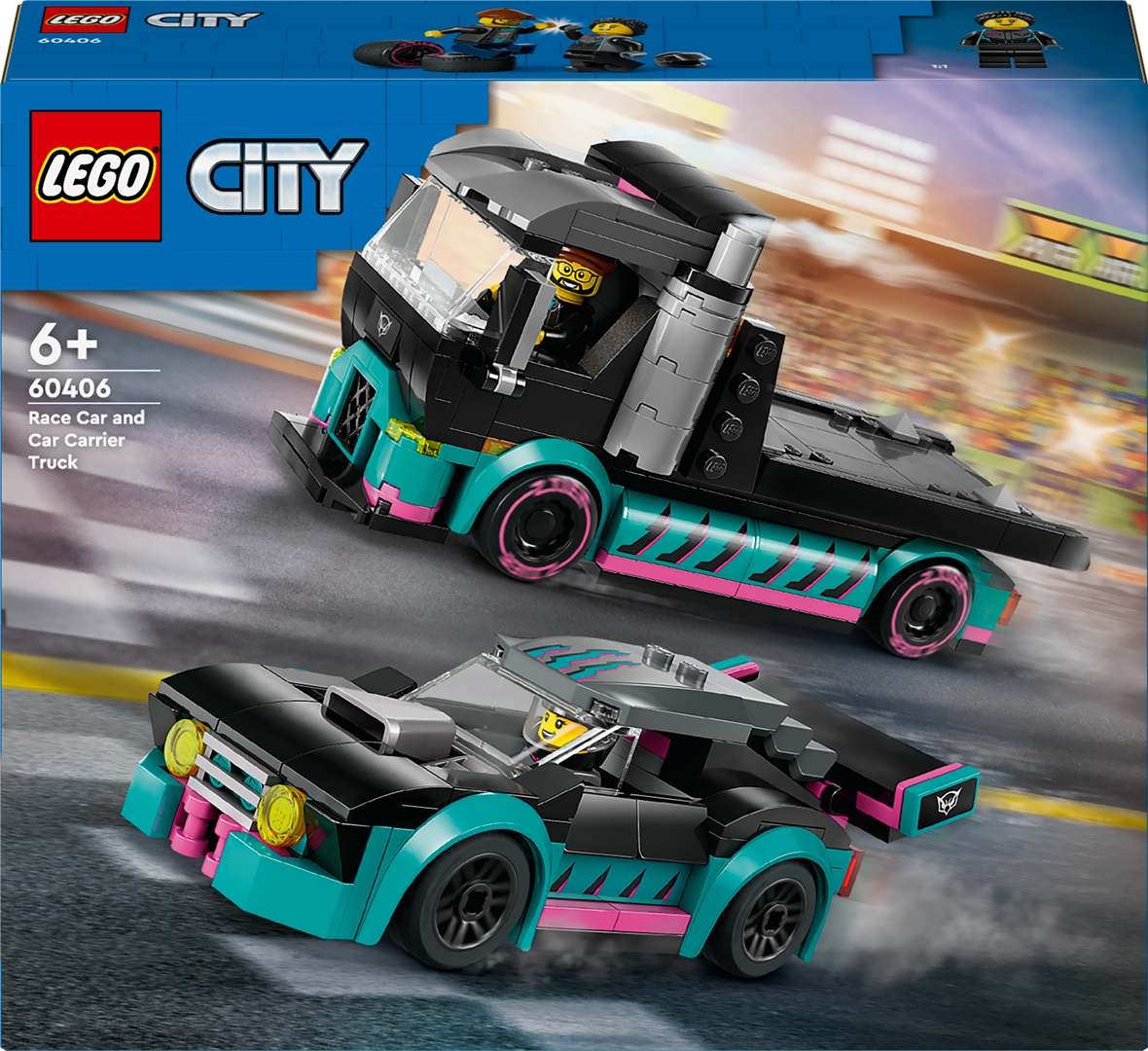Konstruktorius LEGO City Lenktyninis automobilis ir automobilių gabenimo sunkvežimis 60406