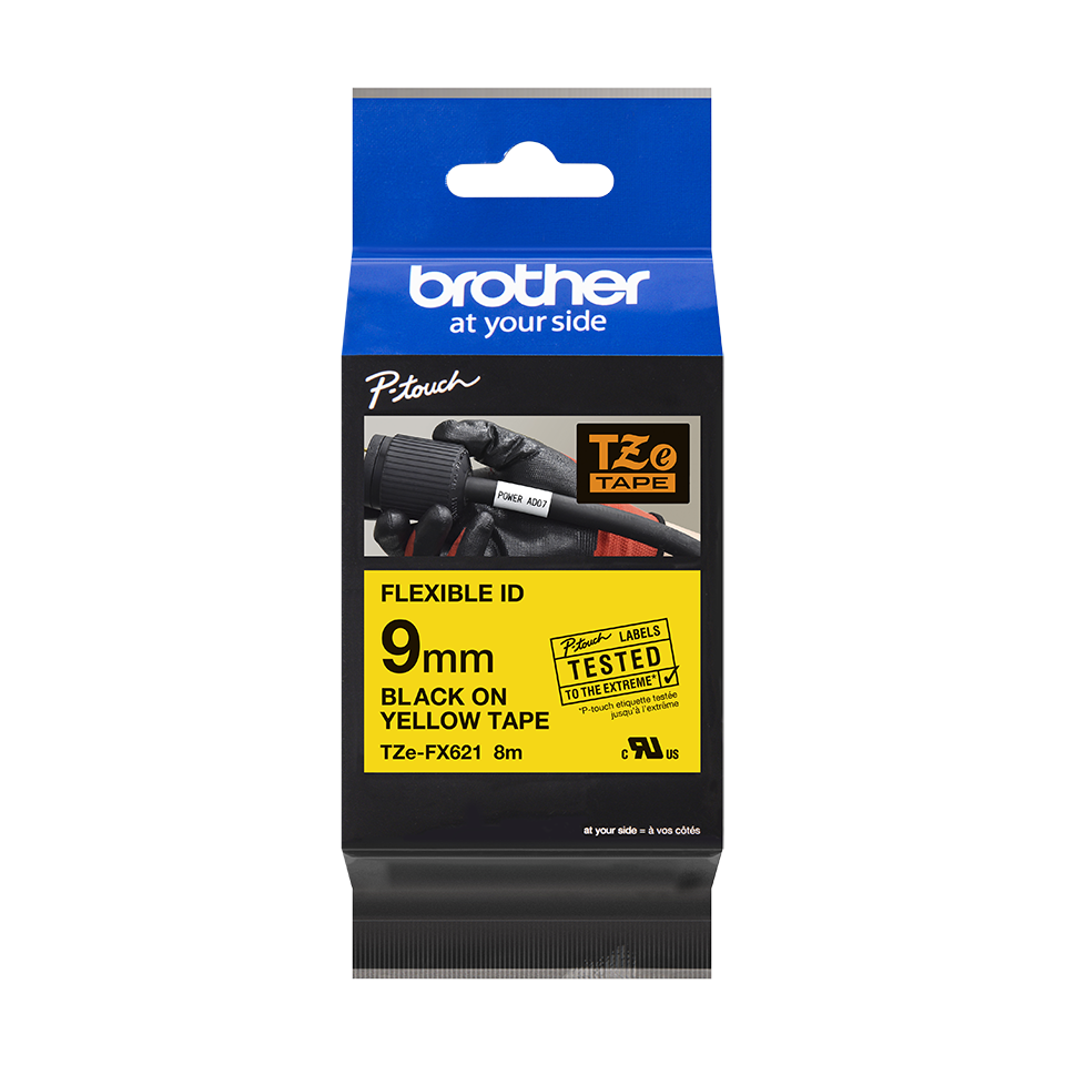 Brother TZe FX621 laminuota elastinė juostelė 9 mm geltona/juodas tekstas