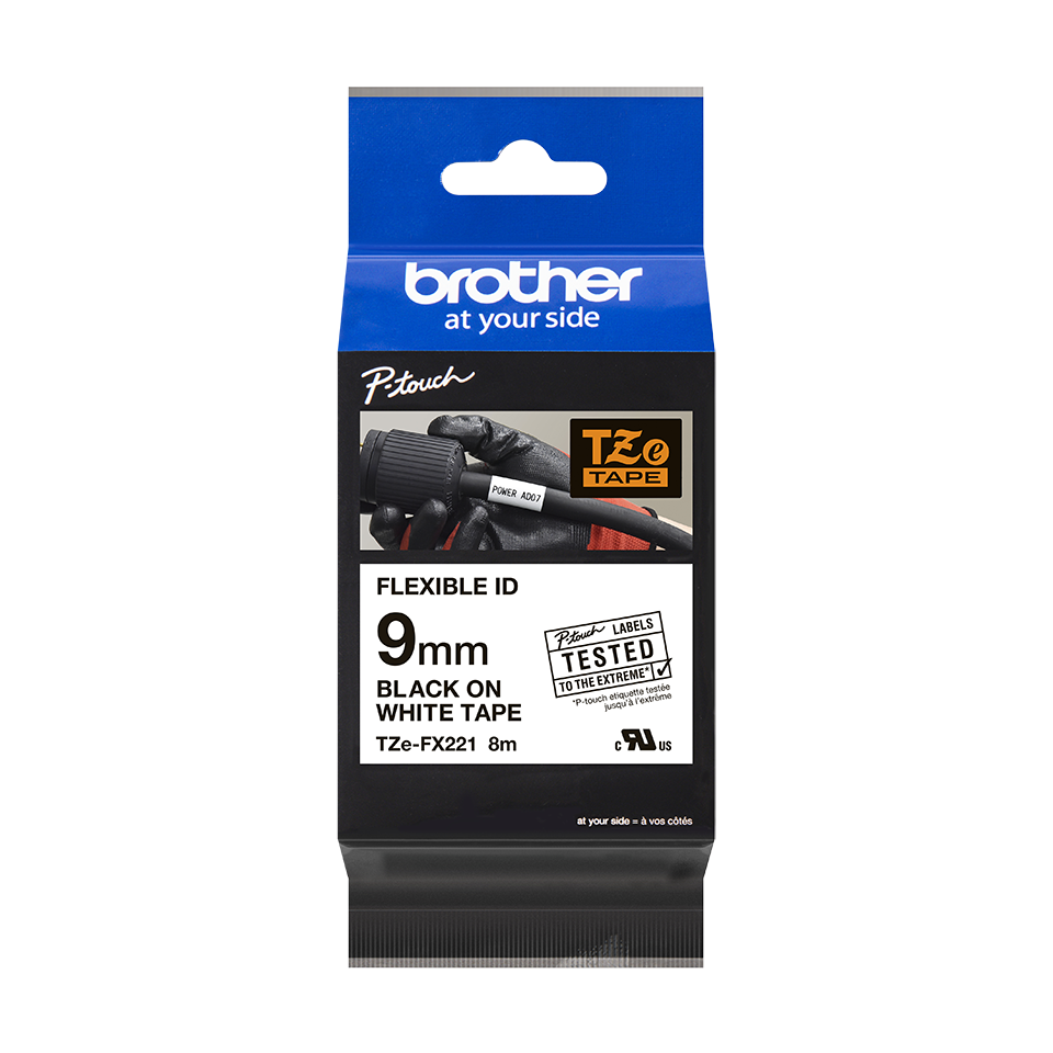 Brother TZe FX221 laminuota elastinė juostelė 9 mm balta/juodas tekstas