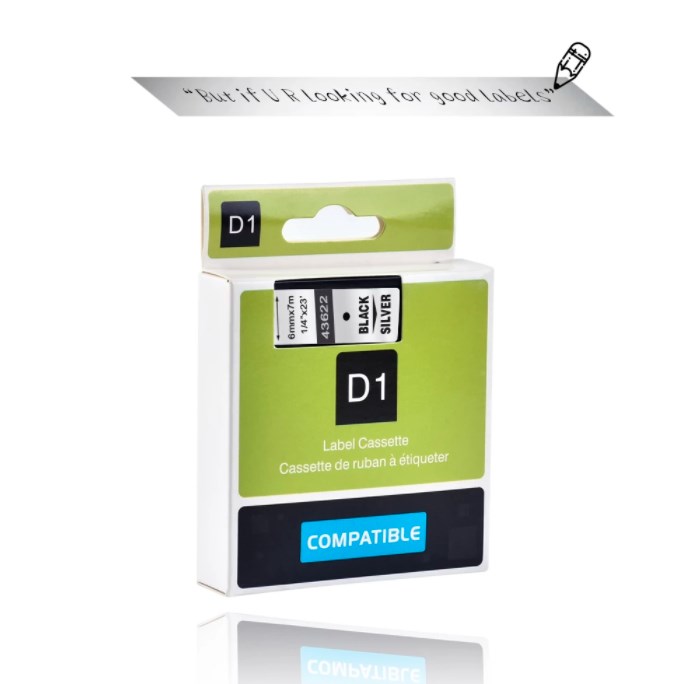 Su DYMO D1 suderinama juostelė CIDY 43622 6 mm sidabinė juostelė juodas tekstas