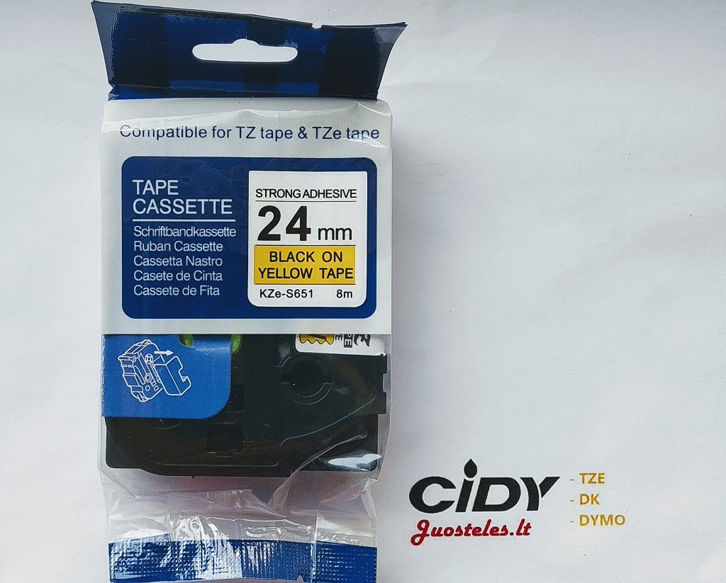 Su Brother suderinama pastiprinta juostelė CiDY TZe S651 24 mm juodas tekstas/geltona juostelė