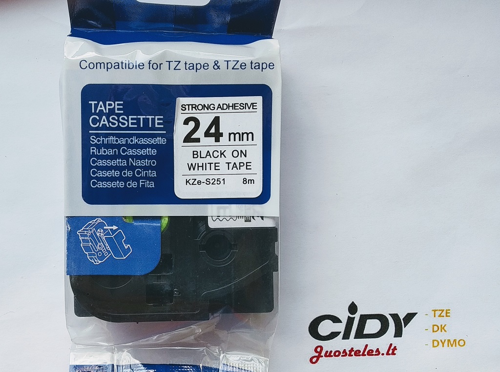 Su Brother suderinama pastiprinta juostelė CiDY TZe S251 24 mm juodas tekstas/balta juostelė