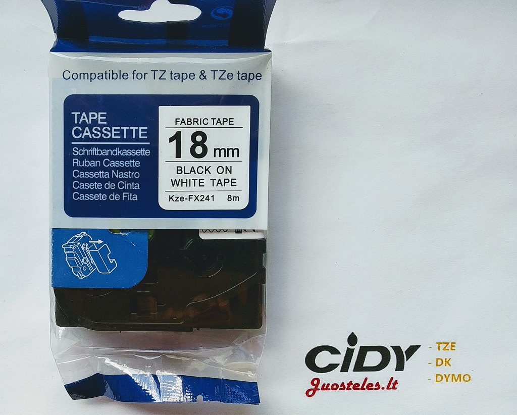 Su Brother suderinama elastinė juostelė CiDY TZe FX241 18 mm juodas tekstas/balta juostelė