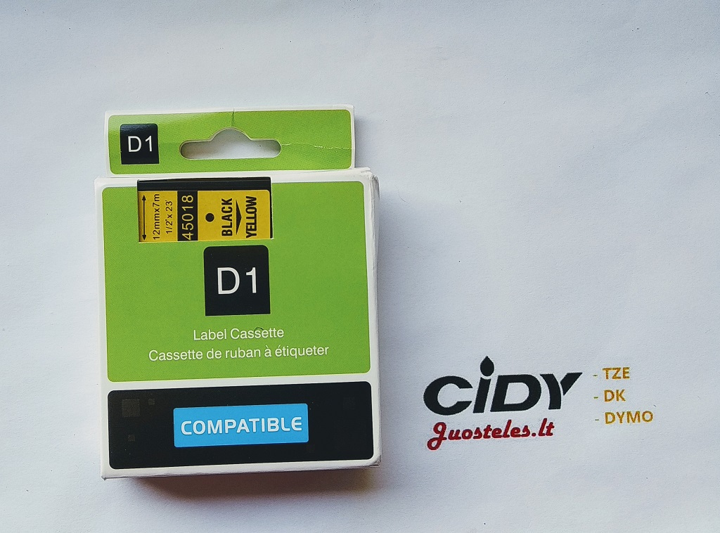 Su DYMO D1 suderinama juostelė CIDY 45018 12 mm geltona juostelė juodas tekstas