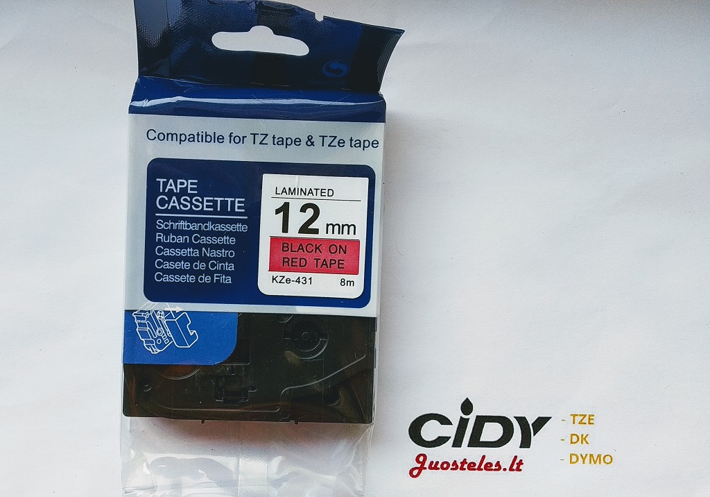 Su Brother suderinama juostelė CiDY TZe 431 12 mm juodas tekstas/raudona juostelė