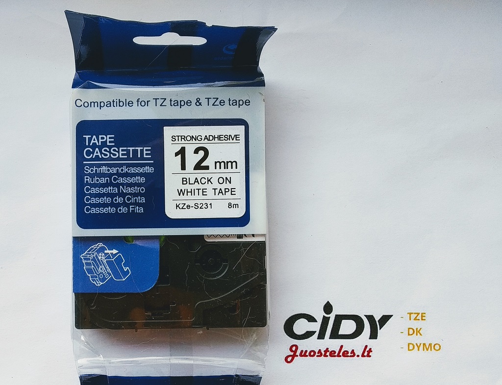 Su Brother suderinama pastiprinta juostelė CiDY TZe S231 12 mm juodas tekstas/balta juostelė
