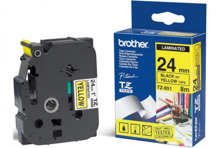 Brother | TZe-651 Laminated Tape | Black On Yellow | TZe | 8 m | 2.4 cm|tze651