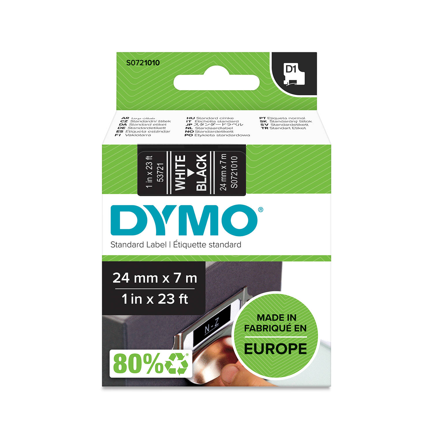 DYMO D1 Juostelė 24mm x7m / baltas ant juodos (53721 / S0721010)