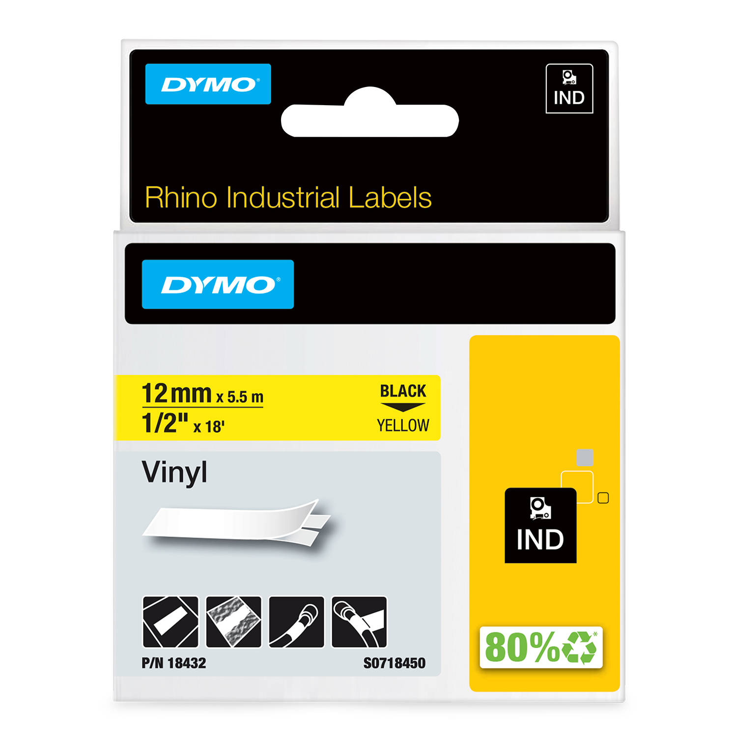 DYMO 18432 RHINO Vinilinė Juostelė 12mm x 5,5m (geltona / juodas šifras)