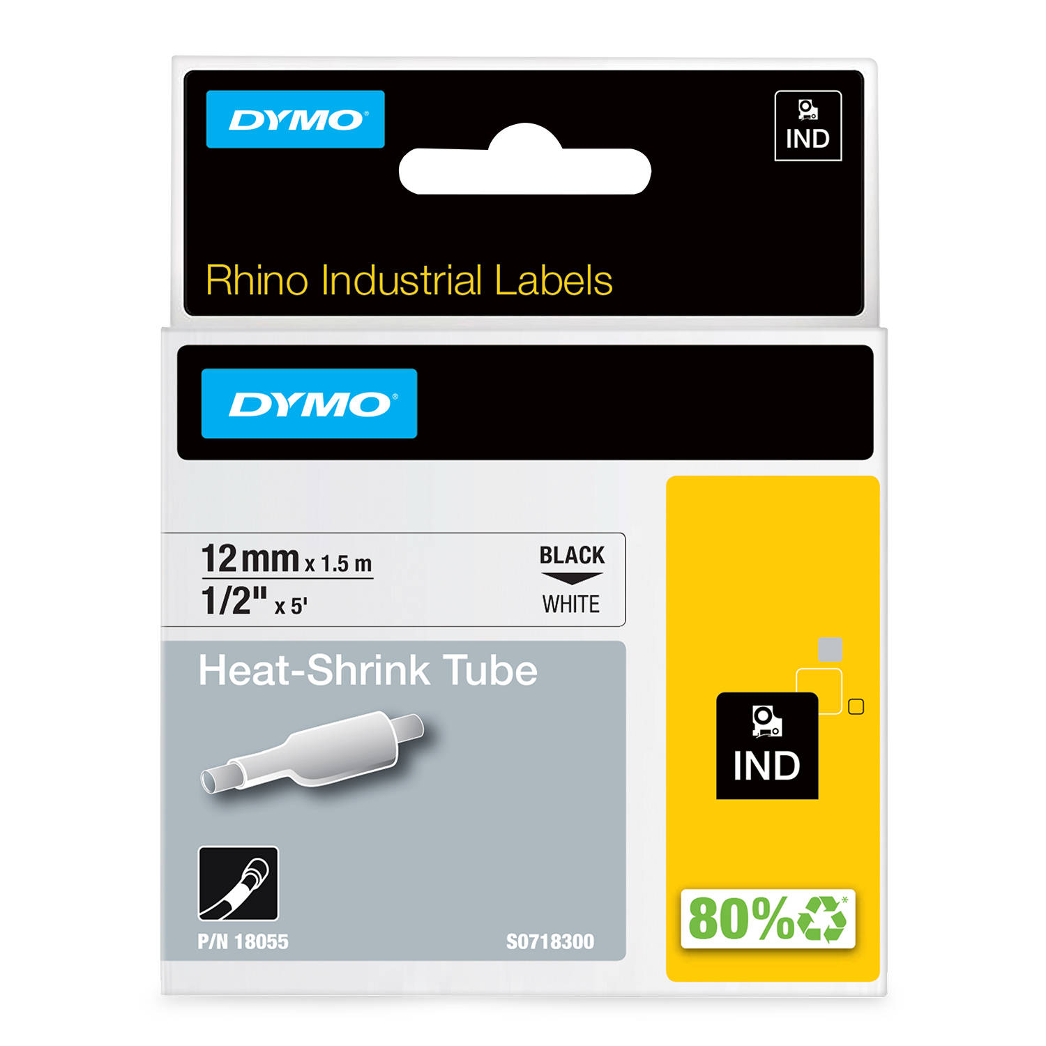 DYMO 18055 RHINO Termo vamzdelis 12mm x 1,5m (balta / juodas šifras)