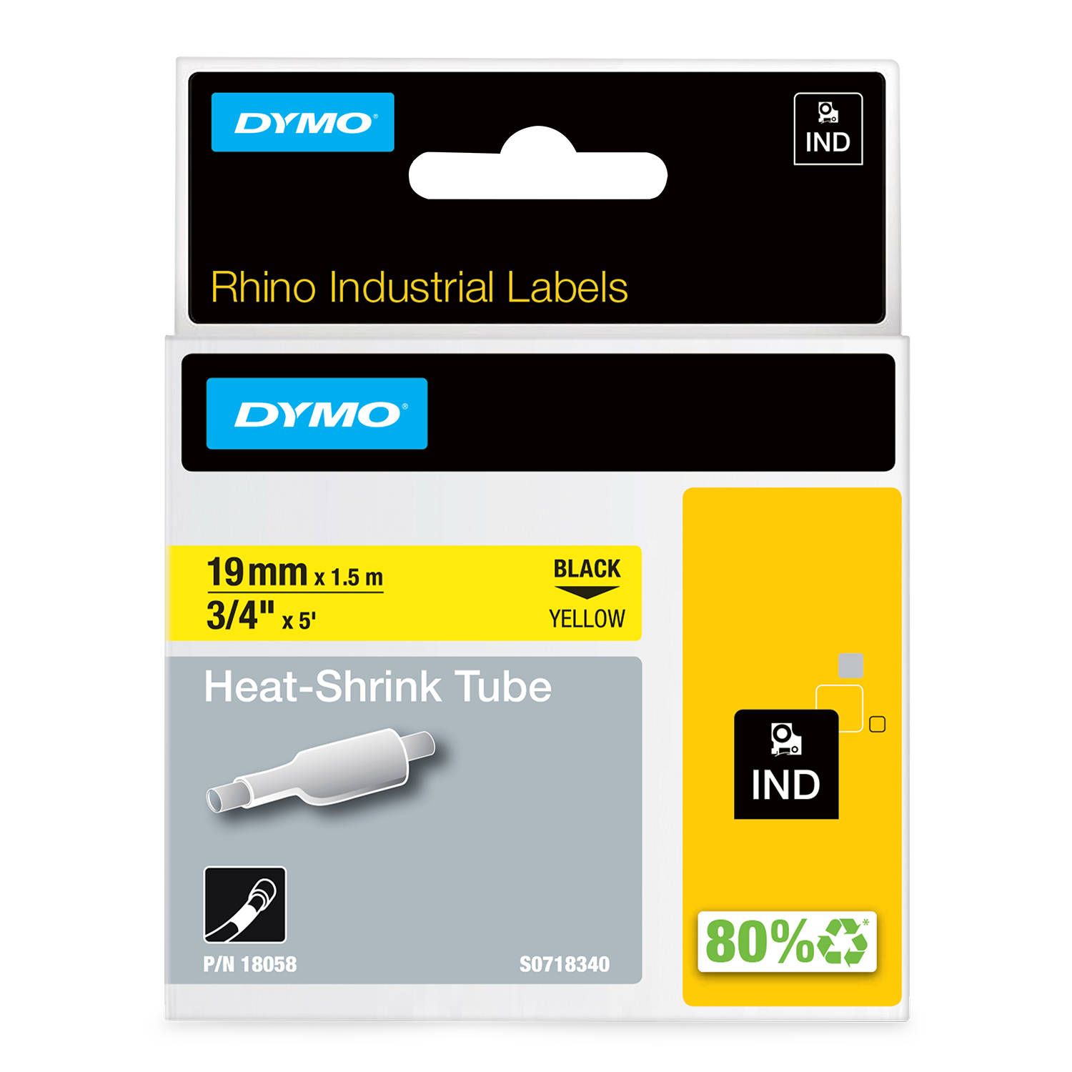 DYMO 18058 RHINO Termo vamzdelis 19mm x 1,5m (geltona / juodas šifras)