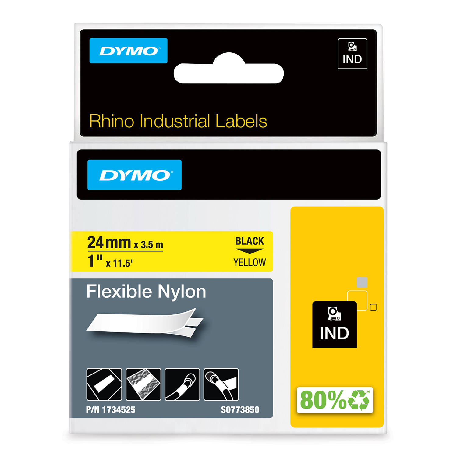 DYMO Rhino Nailono Juostelė lanksti 24mm x 3.5m / juodas ant geltonos / lanksti (1734525)