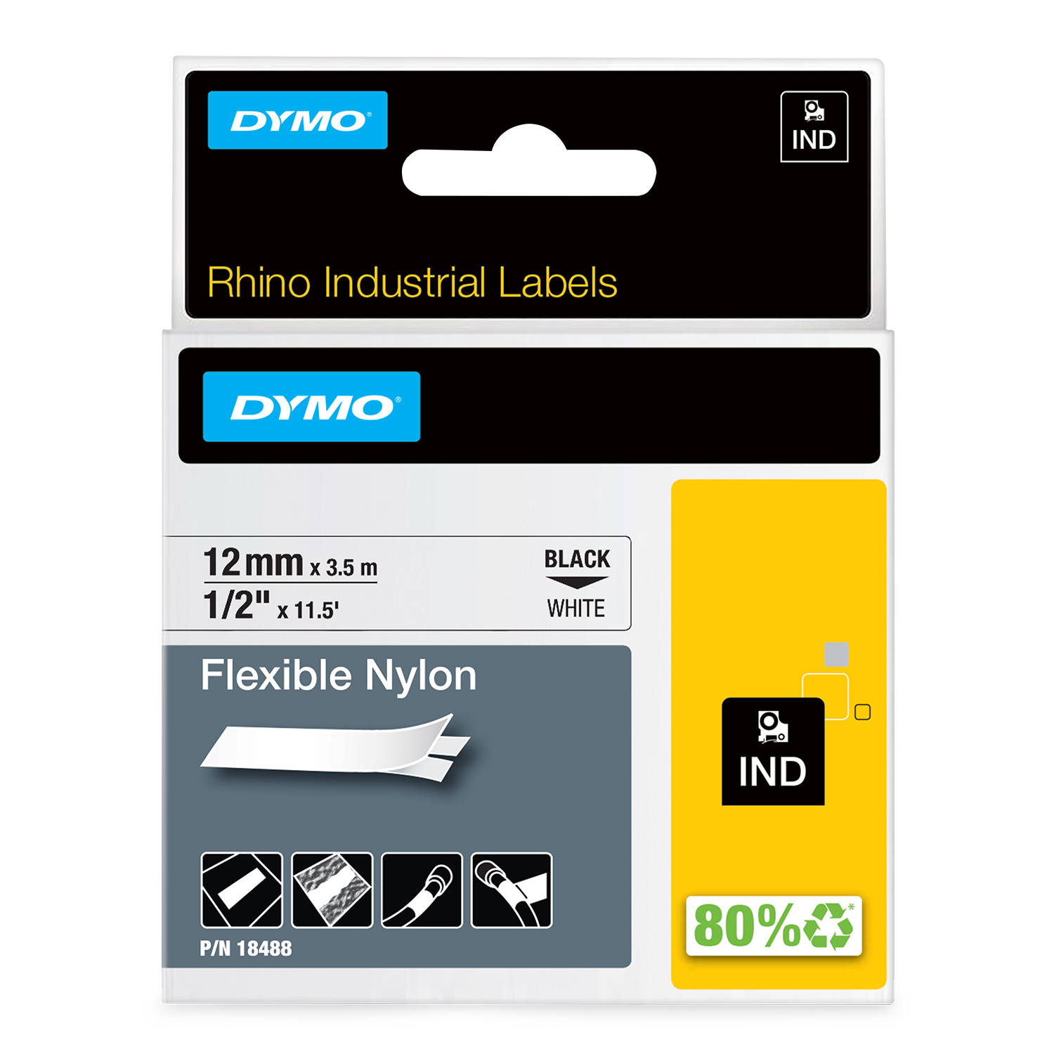 DYMO 18488 RHINO Nailono Juostelė 12mm x 3,5m (balta / juodas šifras)