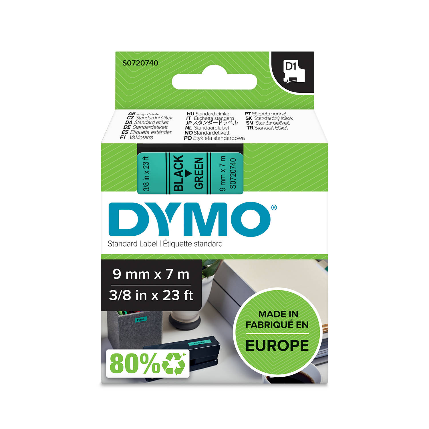 DYMO S0720740 D1 Juostelė 9mm x 7m (žalia / juodas šifras)