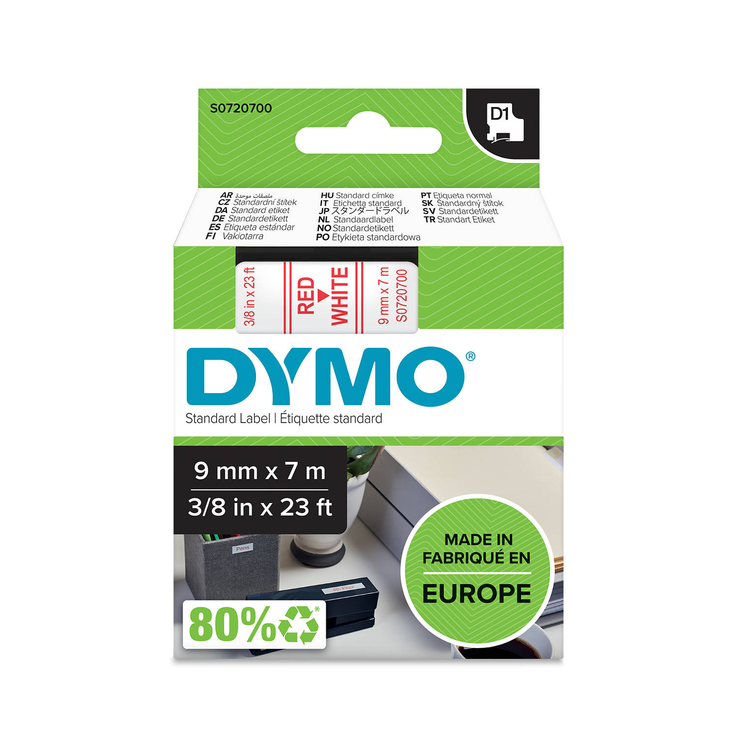 DYMO D1 Juostelė 9mm x 7m / raudonas ant baltos (40915 / S0720700)