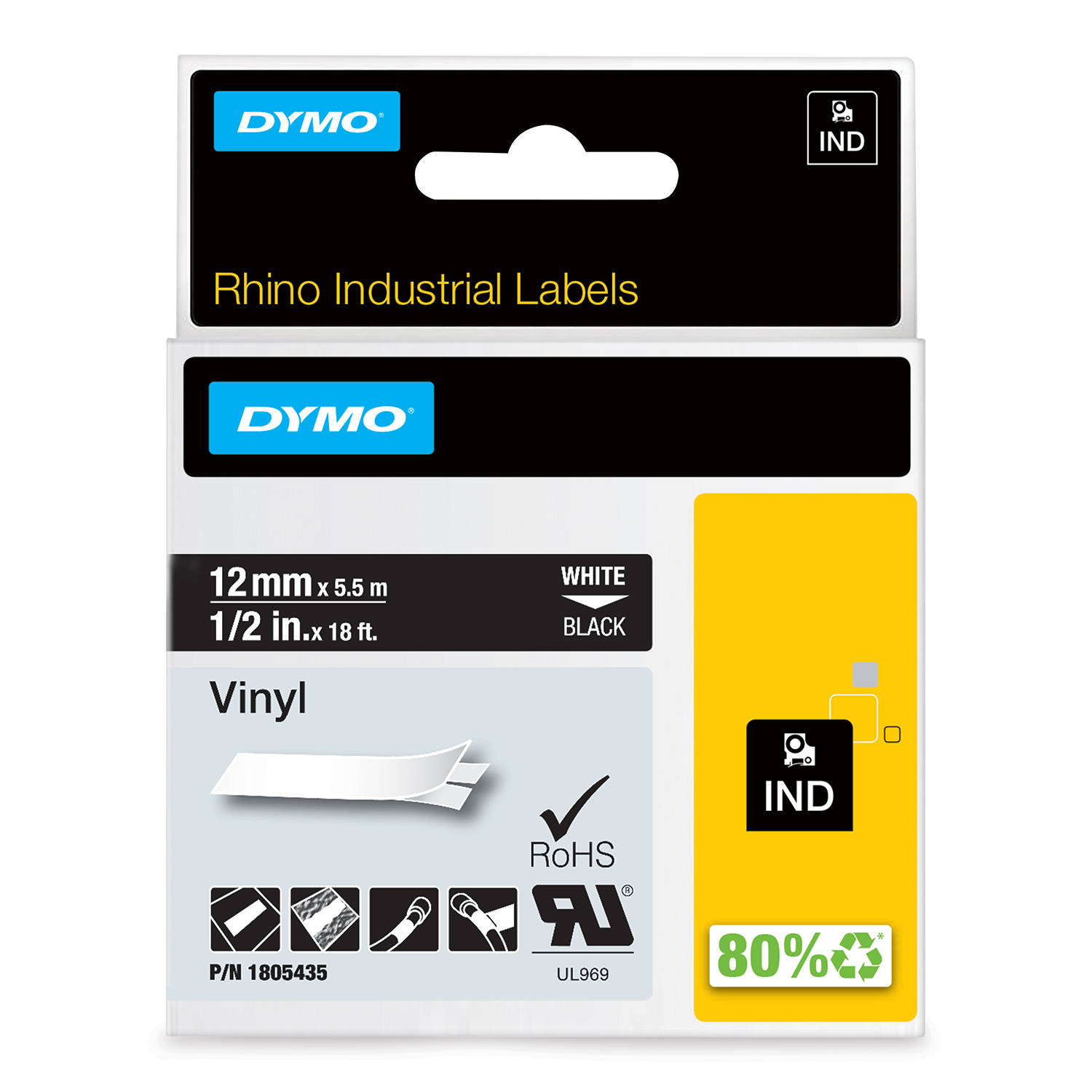 DYMO Rhino Vinilinė Juostelė 12mm x 5.5m / baltas ant juodas (1805435)