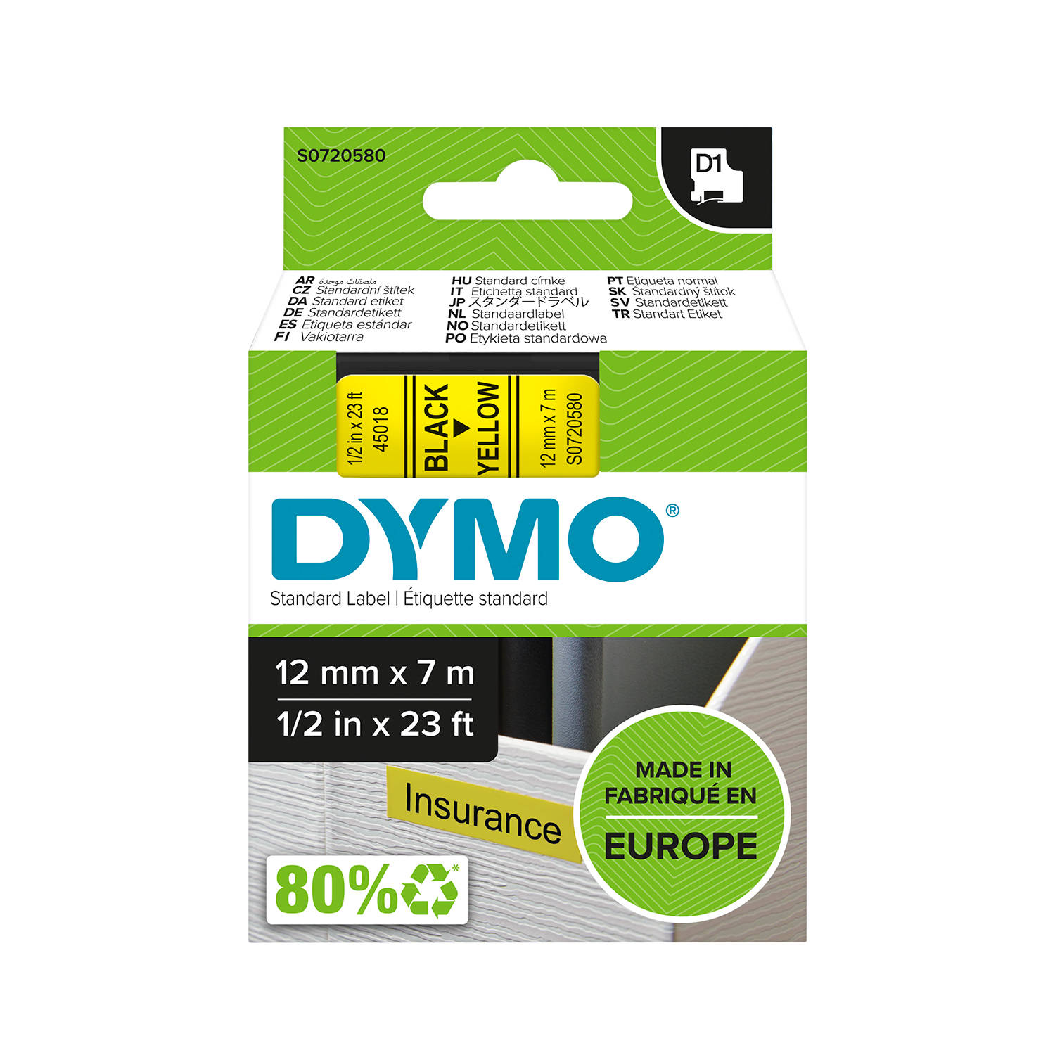 DYMO S0720580 D1 Juostelė 12mm x 7m (geltona / juodas šifras)