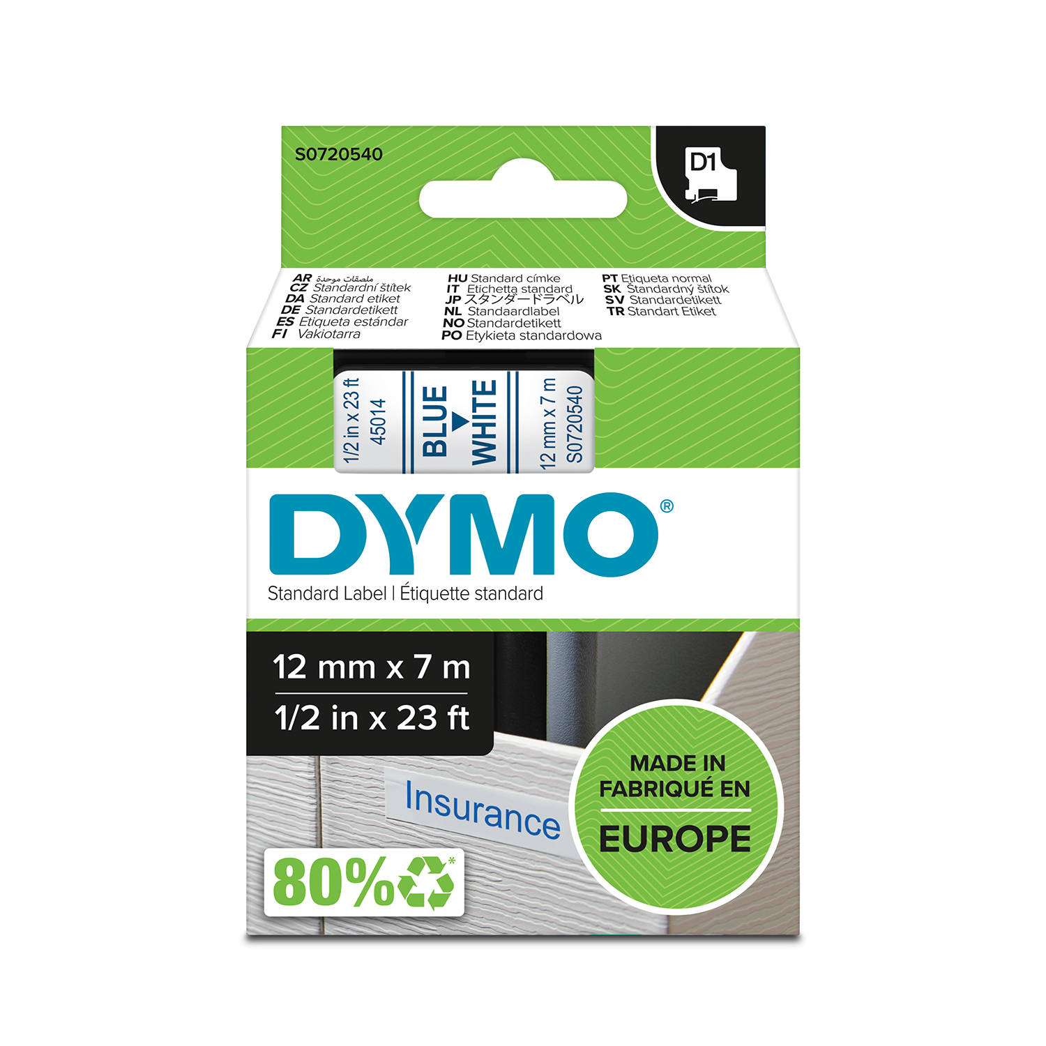 DYMO D1 Juostelė 12mm x7m / mėlynas ant baltos (45014 / S0720540)