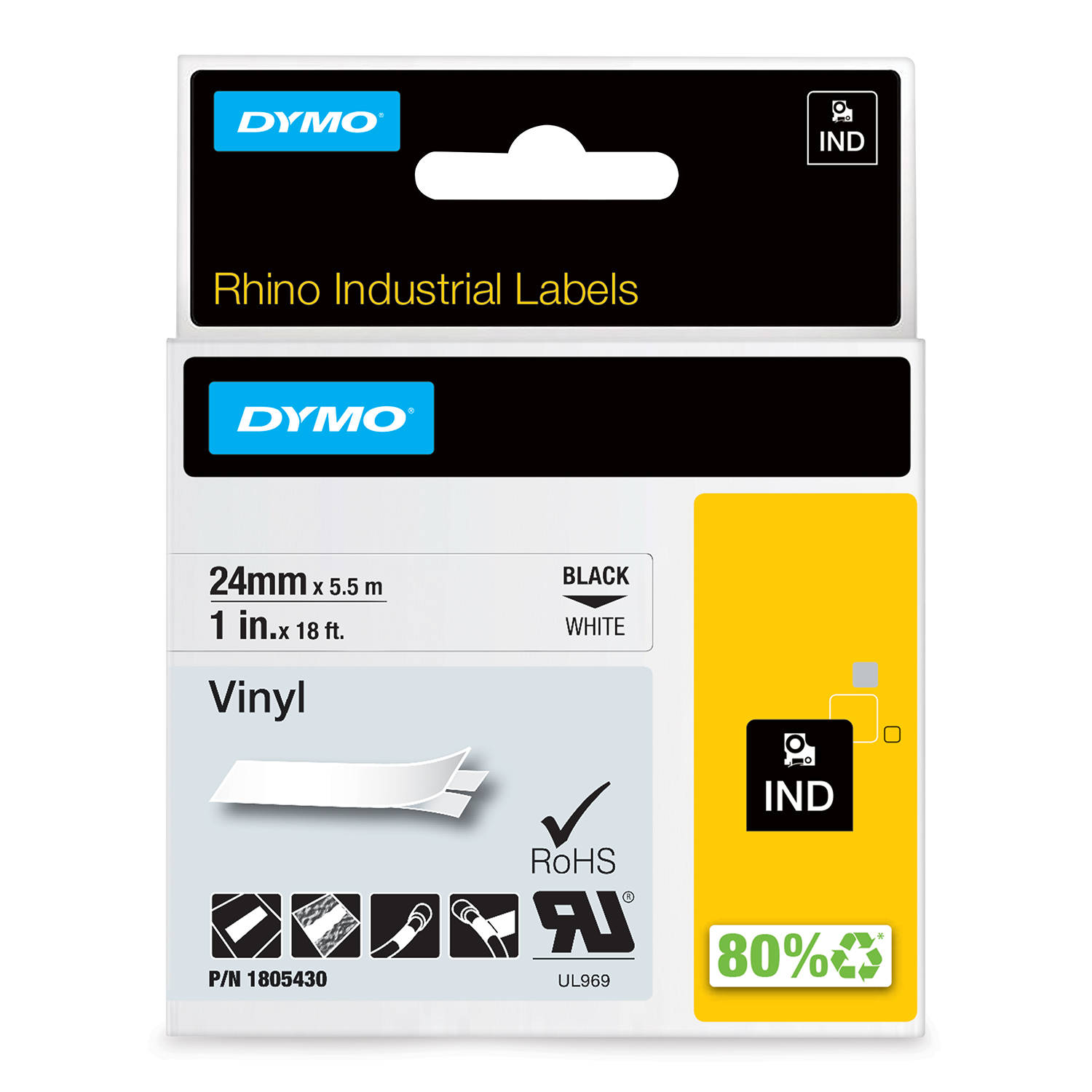 DYMO 1805430 RHINO Vinilinė Juostelė 24mm x 5,5m (balta / juodas šifras)