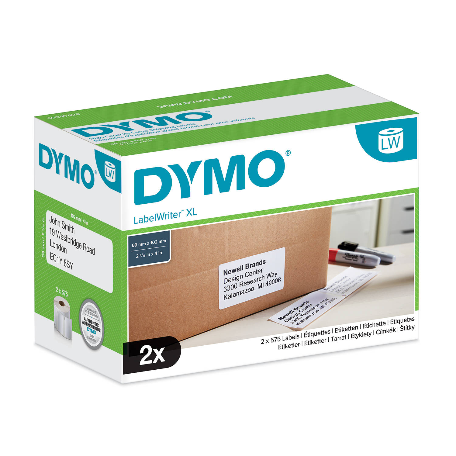 DYMO XL Etiketės 59 x 102mm / 2 rulonai x 575 vnt. (S0947420)