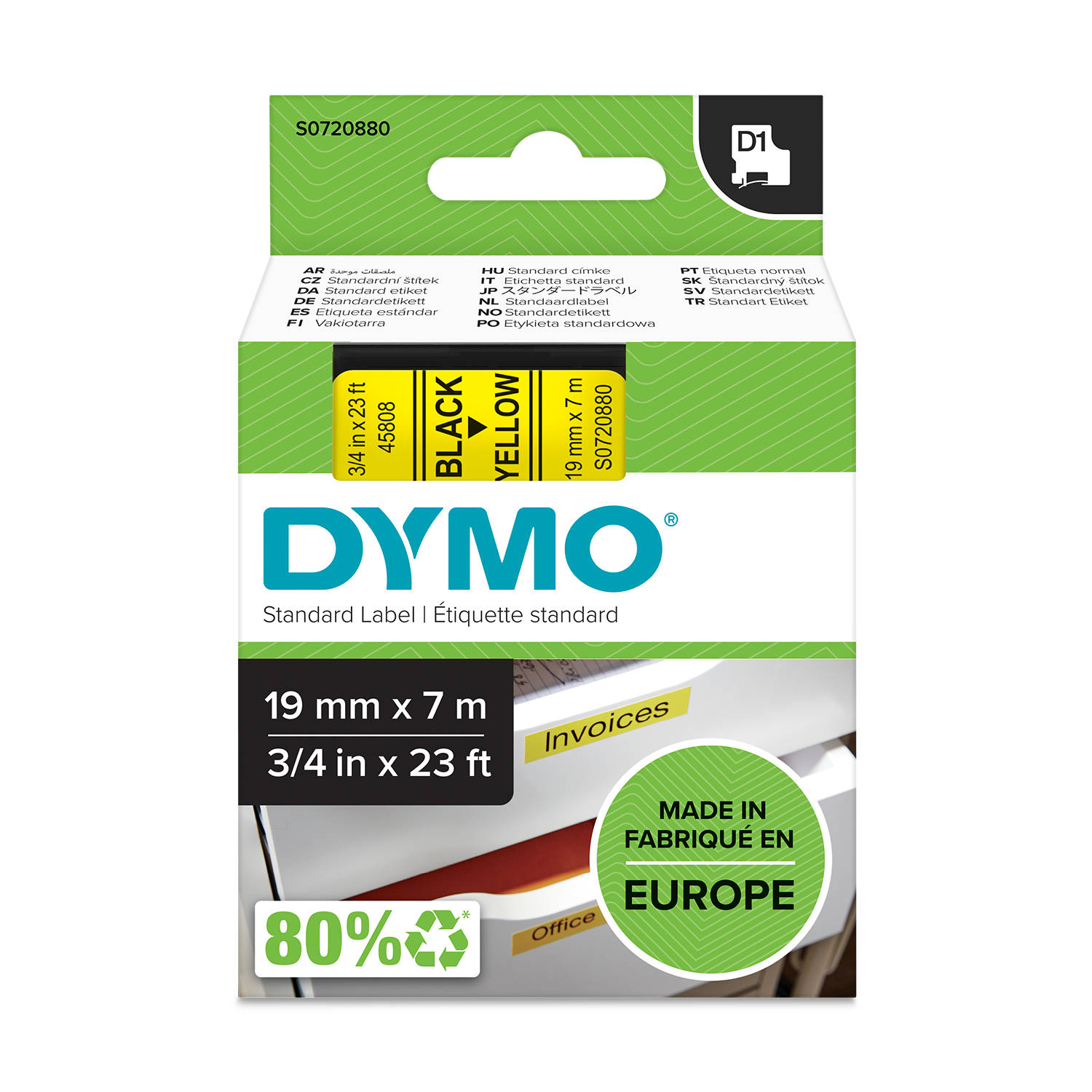 DYMO S0720880 D1 Juostelė 19mm x 7m (geltona / juodas šifras)