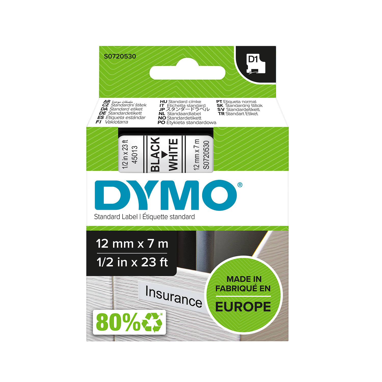 DYMO S0720530 D1 Juostelė 12mm x 7m (balta / juodas šifras)