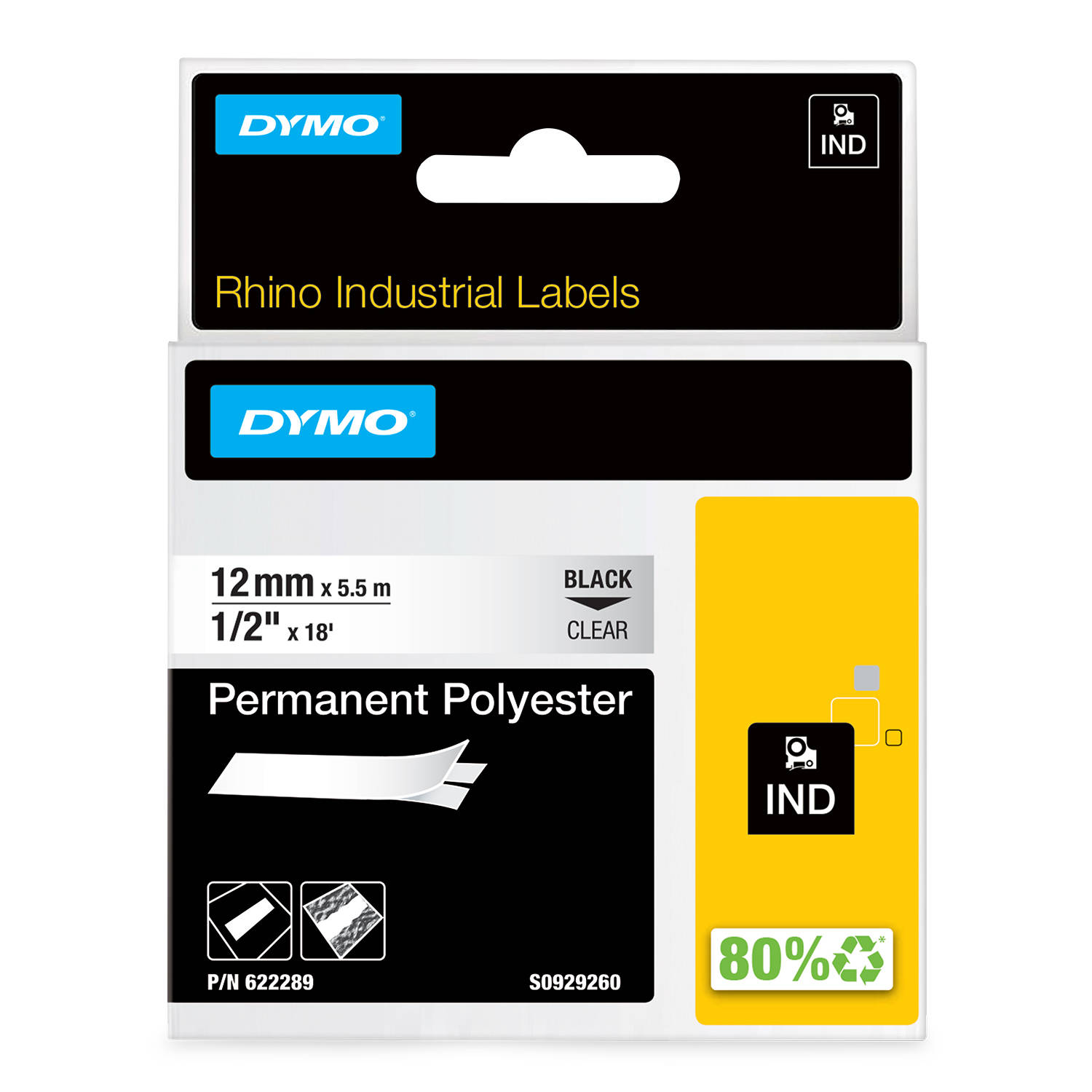 DYMO 622289 RHINO Poliesterio Juostelė 12mm x5,5m (skaidri / juodas šifras)