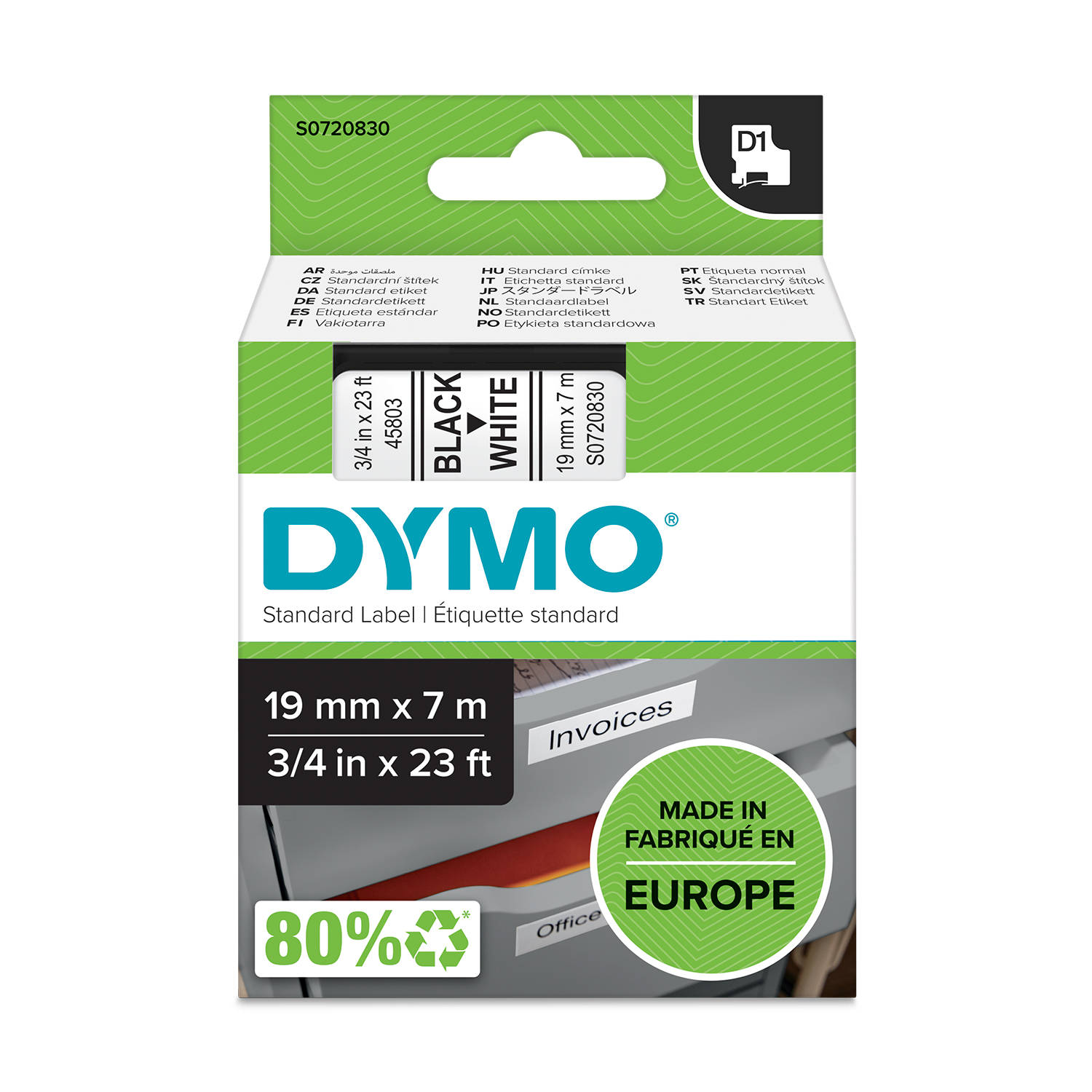 DYMO S0720830 D1 Juostelė 19mm x 7m (balta / juodas šifras)