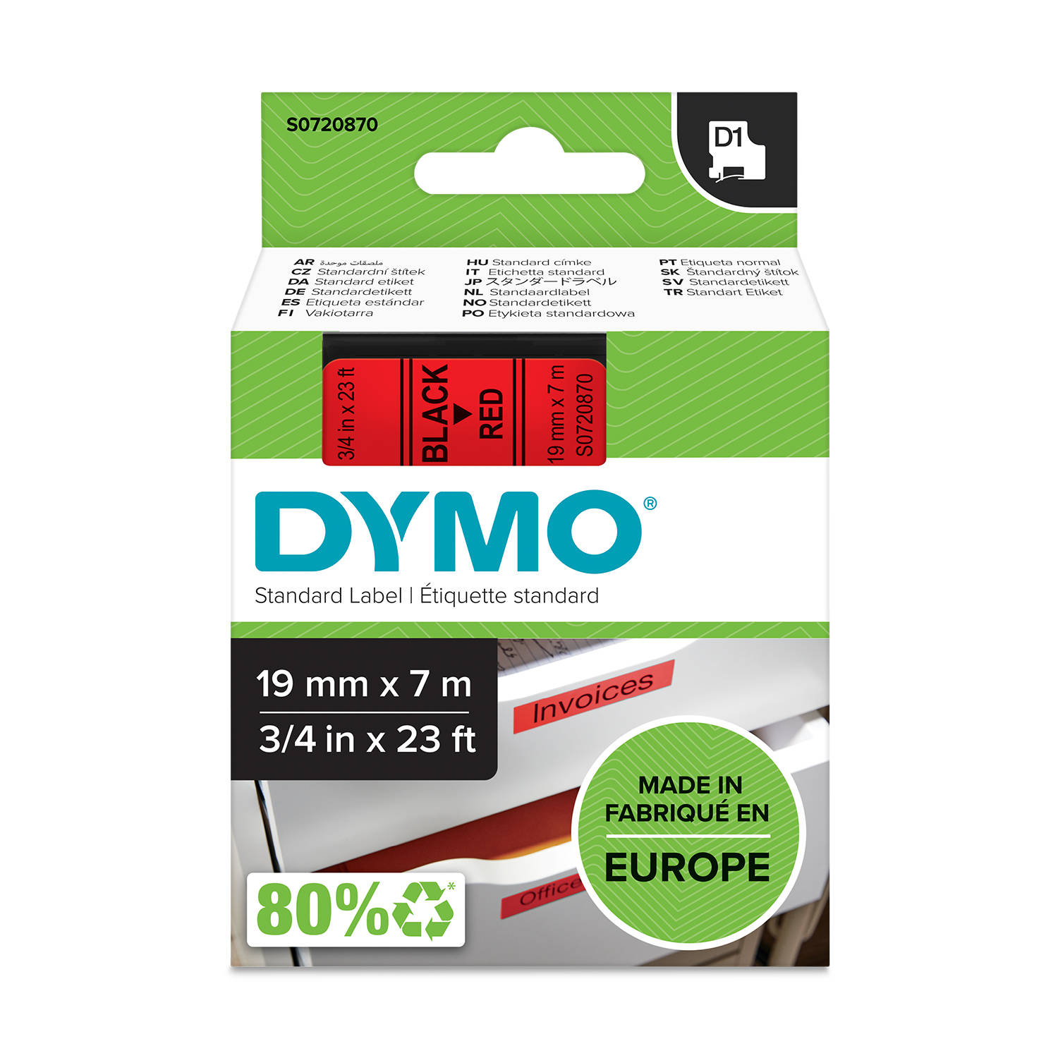 DYMO S0720870 D1 Juostelė 19mm x 7m (raudona / juodas šifras)