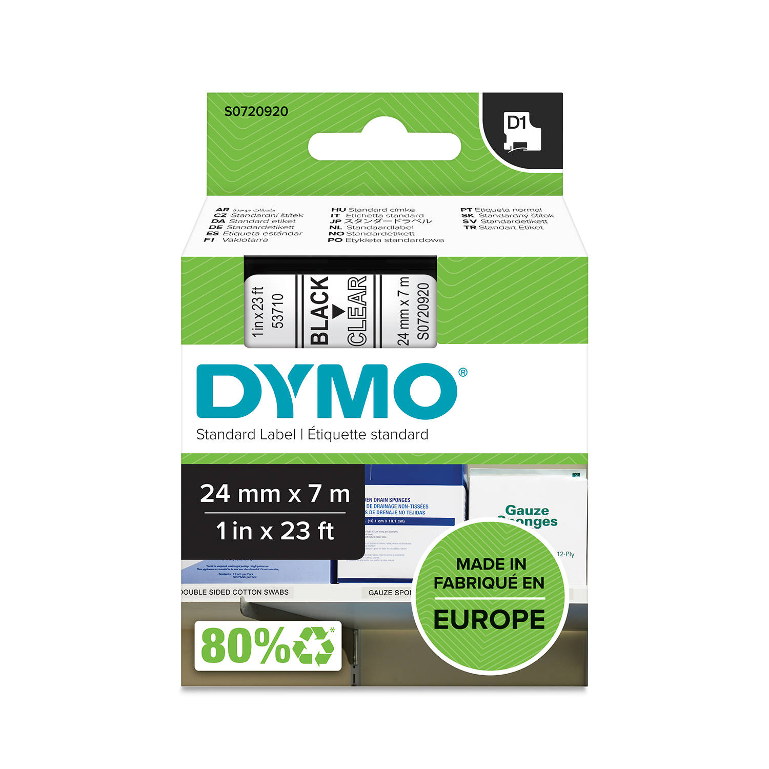 DYMO D1 Juostelė 24mm x7m / juodas ant skaidrios (53710 / S0720920)